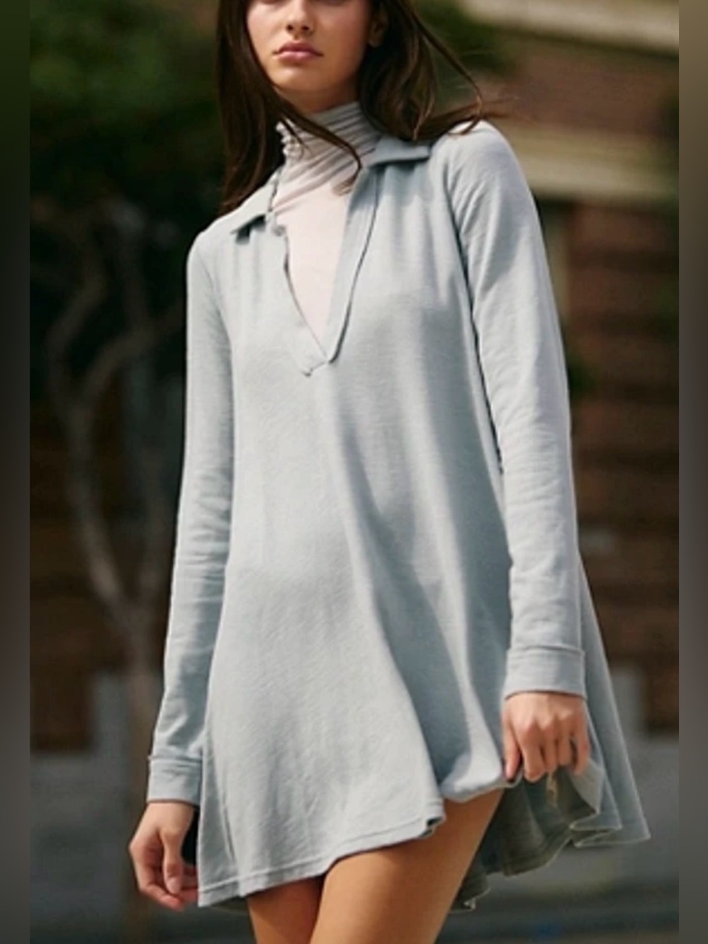 Free People - Free-est Cass Light Blue V Neck Long Sleeve Mini Dress Size Medium